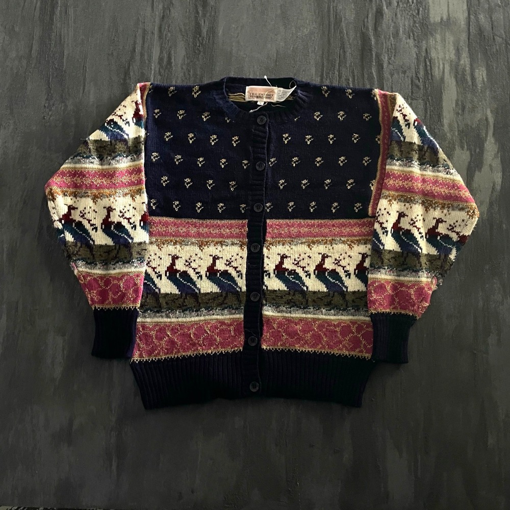 Vintage Pheasant Pattern Knit Cardigan Womens Small Blue 1990s Import Workshop